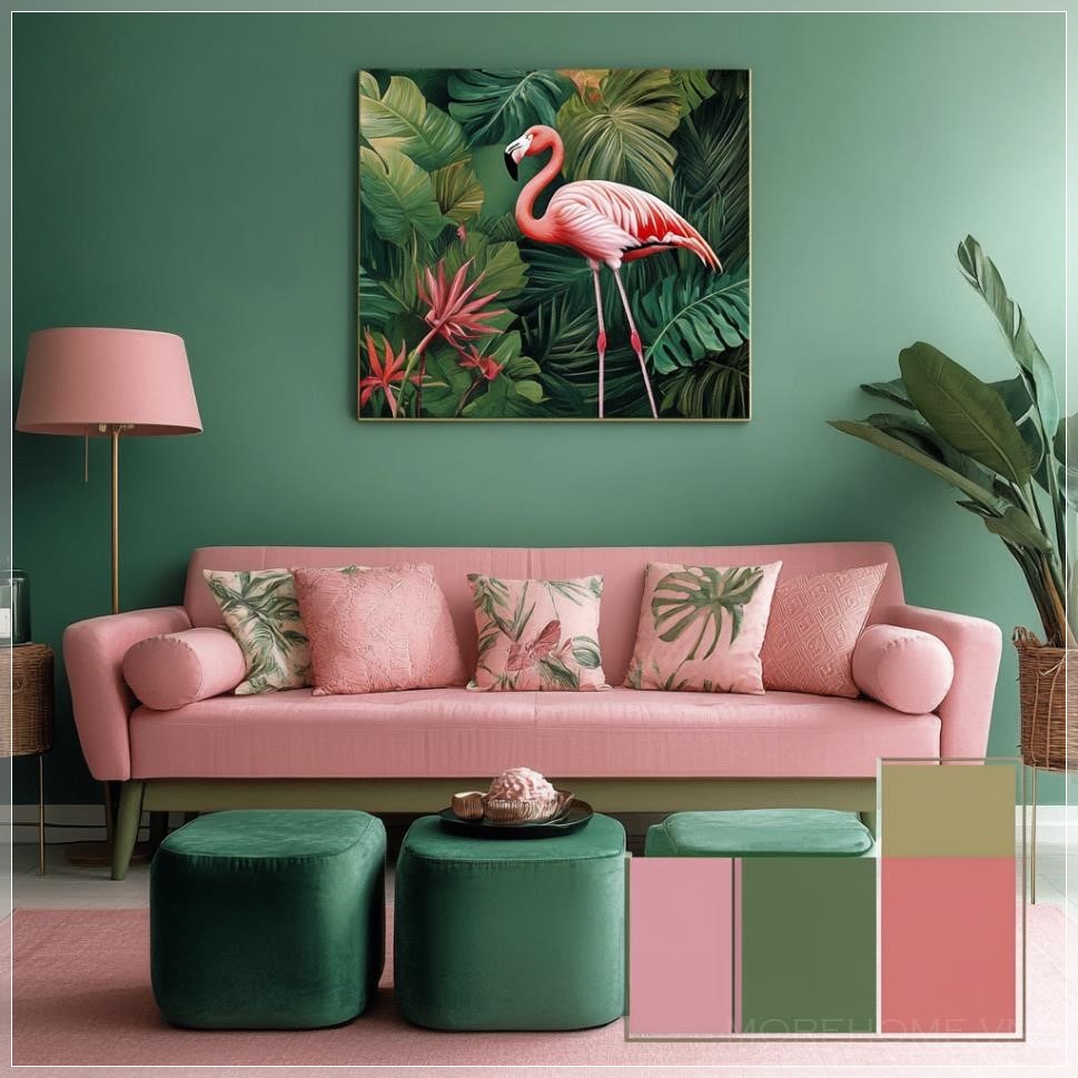 Phòng khách với bảng màu hồng và xanh lấy cảm hứng từ loài hồng hạc nhiệt đới