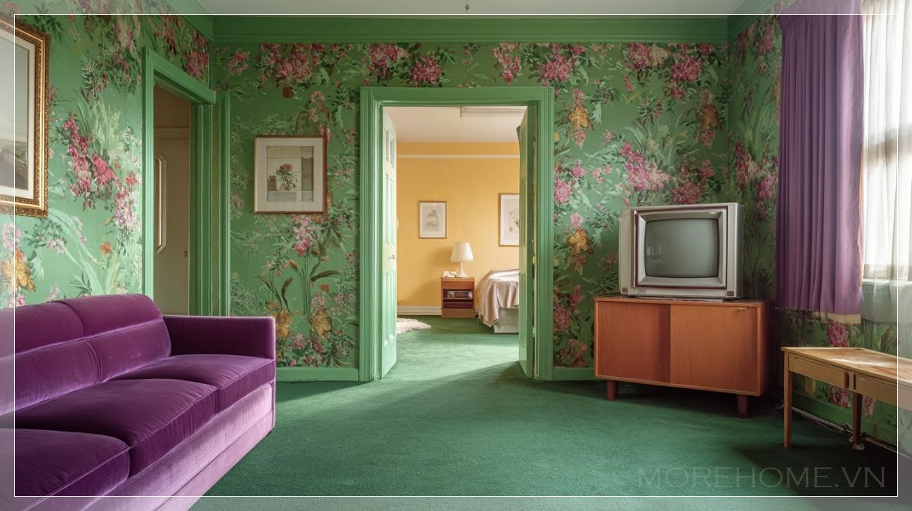 Phòng khách xanh tím đầy hoài niệm trong căn hộ 1980s...