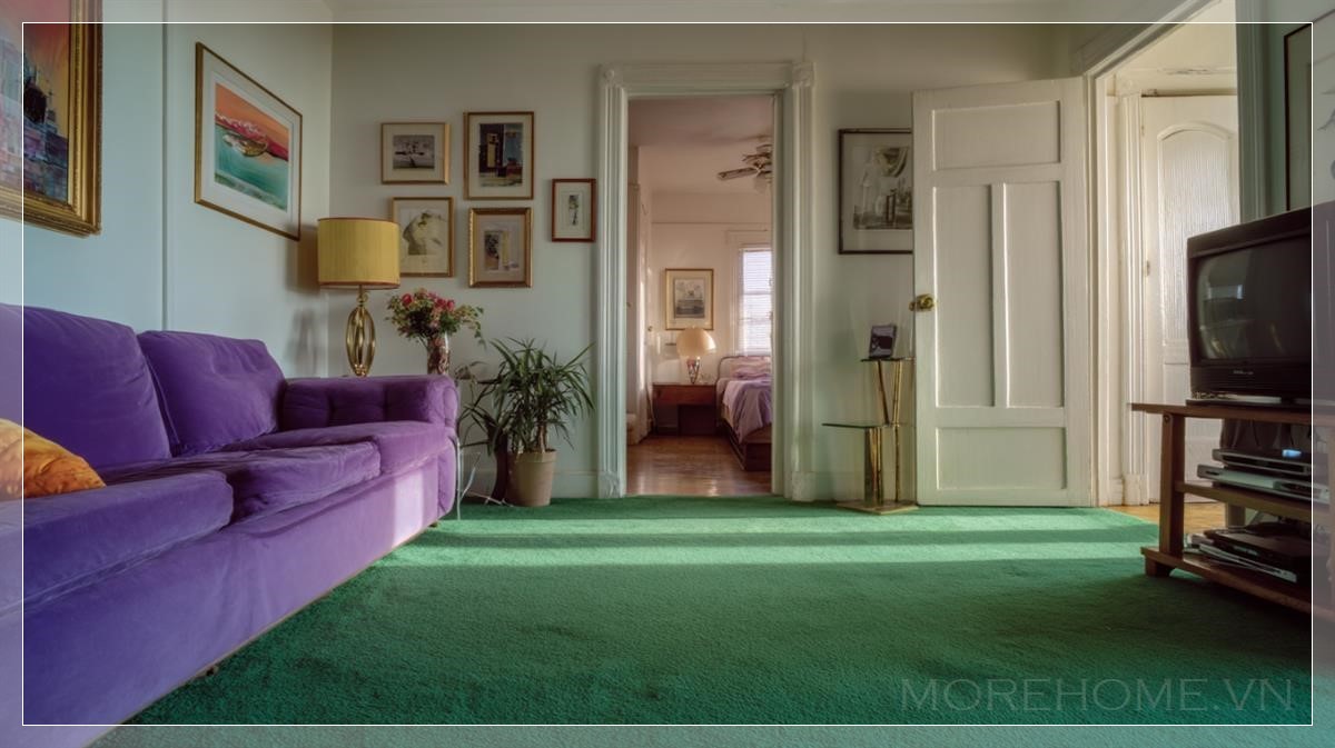 Phòng khách xanh tím đầy hoài niệm trong căn hộ 1980s...