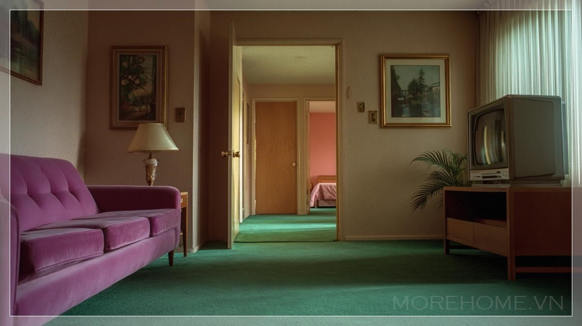 Phòng khách xanh tím đầy hoài niệm trong căn hộ 1980s...