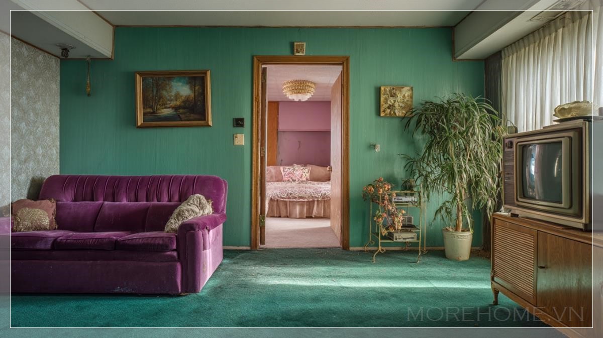 Phòng khách xanh tím đầy hoài niệm trong căn hộ 1980s...